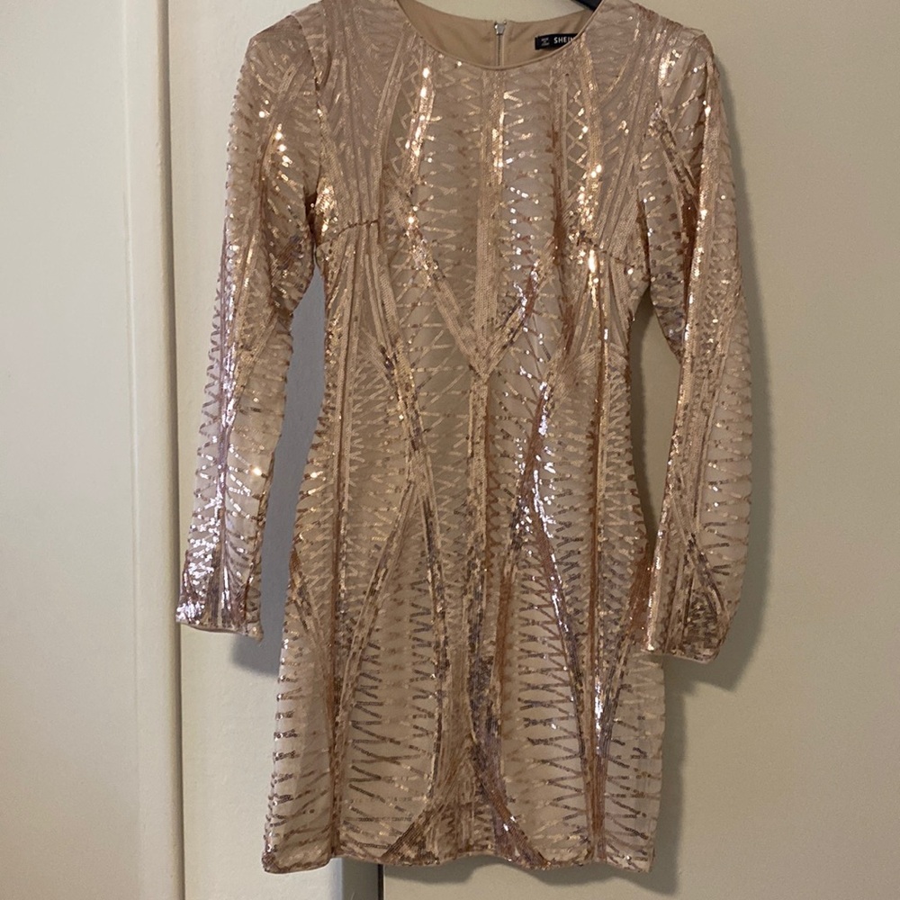 SHEIN-Patina/pale pink sequins long sleeve mini bodycon cocktail dress - size M